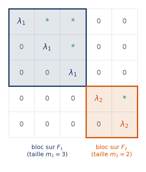 Schéma d'une matrice diagonale par blocs triangulaires, un bloc par sous-espace caractéristique