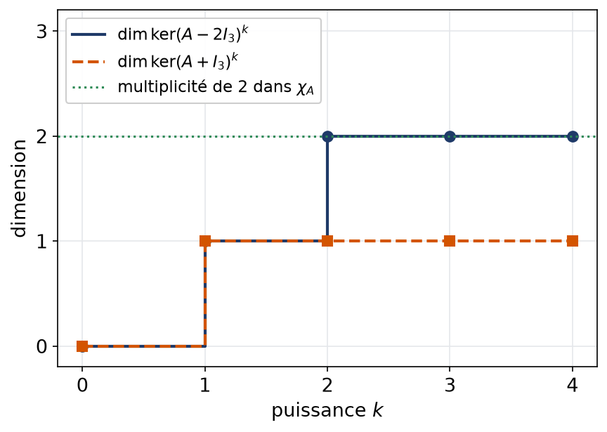 Dimensions des noyaux itérés de A moins 2I et de A plus I en fonction de la puissance k