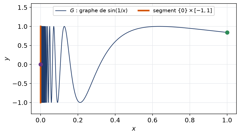 Graphe oscillant de sinus de un sur x qui s'accumule sur le segment vertical en zéro