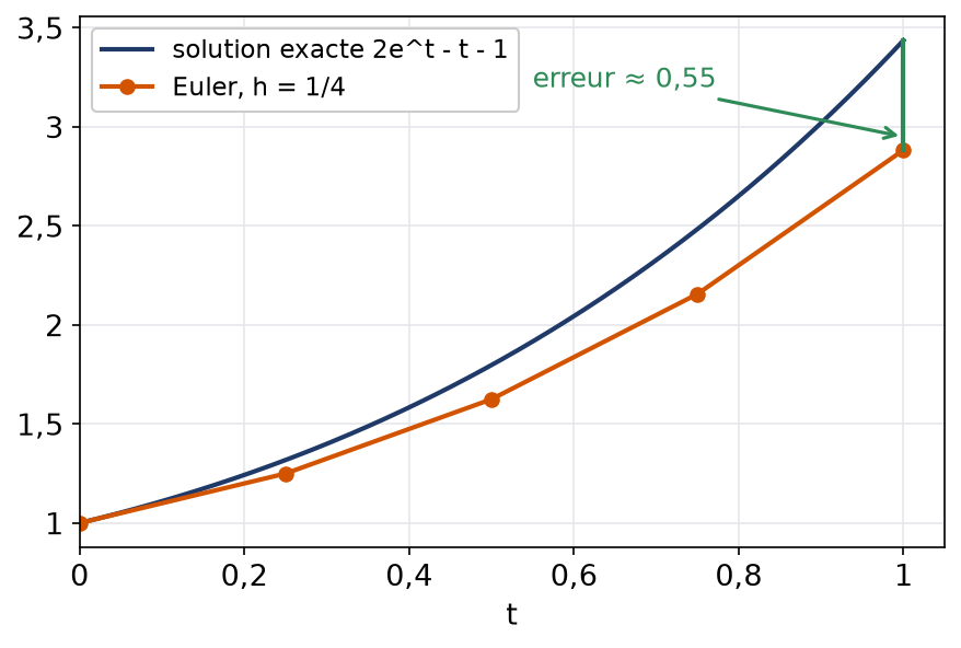 Ligne brisée de la méthode d'Euler au pas un quart sous la courbe exacte convexe