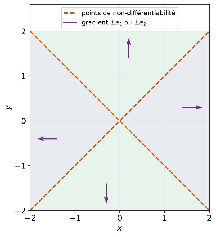 Quatre cônes du plan où la norme infinie est différentiable, avec leurs gradients constants