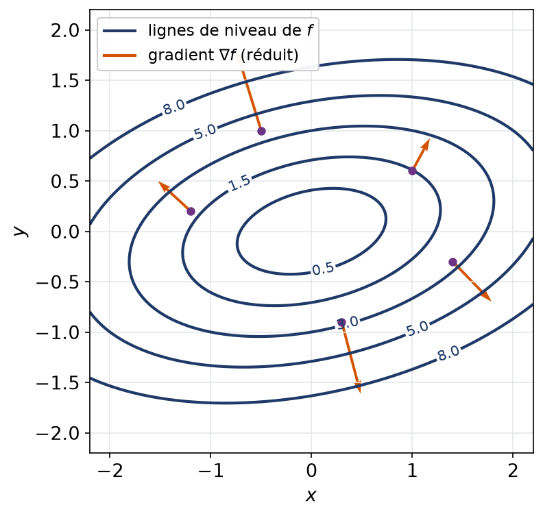 Lignes de niveau d'une forme quadratique et vecteurs gradients orthogonaux à ces lignes