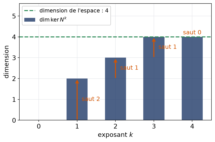 Dimensions des noyaux itérés d'un nilpotent de taille 4 d'indice 3, avec les sauts 2, 1 et 1