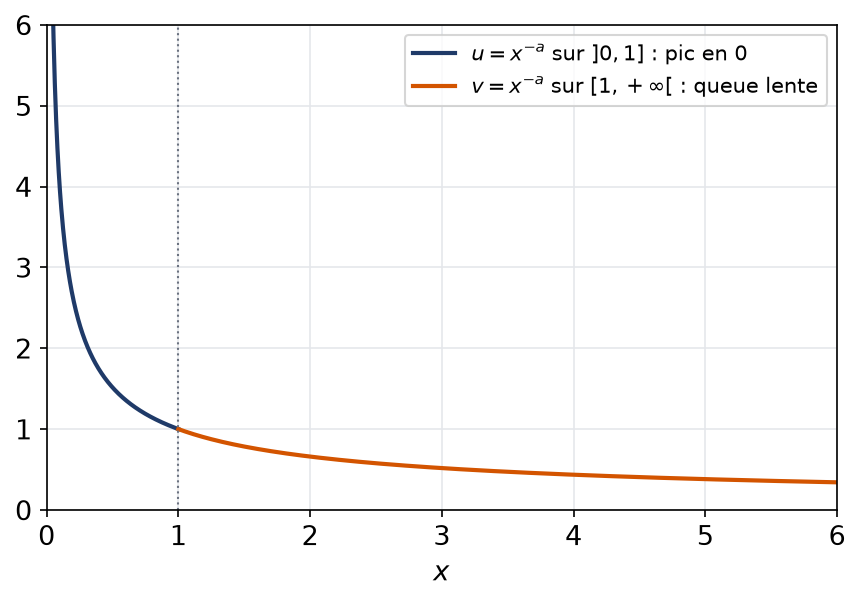 Graphe de x puissance moins a, avec la partie près de zéro et la queue à l'infini séparées en x égale un