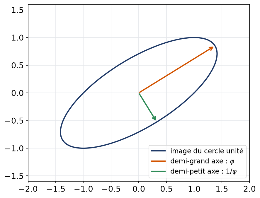 Ellipse image du cercle unité par le cisaillement, avec son demi-grand axe phi et son demi-petit axe inverse
