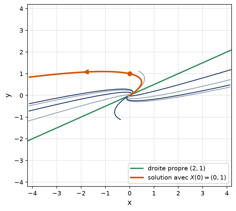 Trajectoires du système à valeur propre double trois qui s'éloignent de l'origine parallèlement à la droite propre