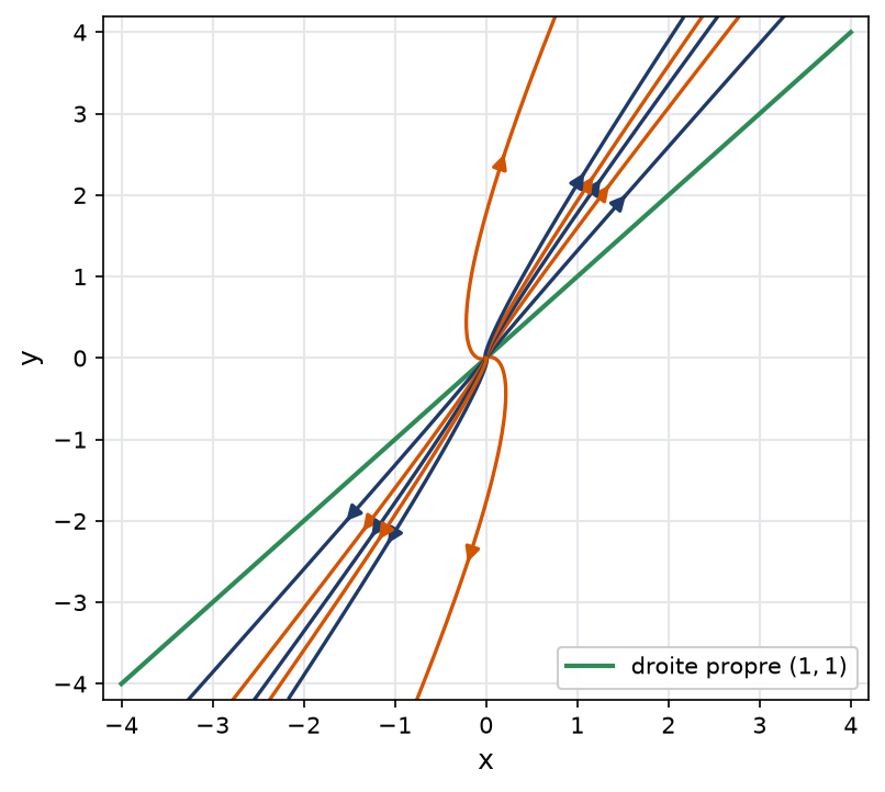 Trajectoires d'un système plan à valeur propre double trois qui s'éloignent en se rangeant le long de la droite propre