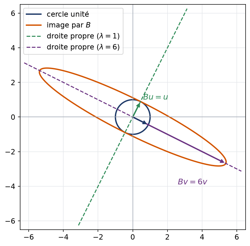 Image du cercle unité par la matrice B : une ellipse dont les axes suivent les deux directions propres