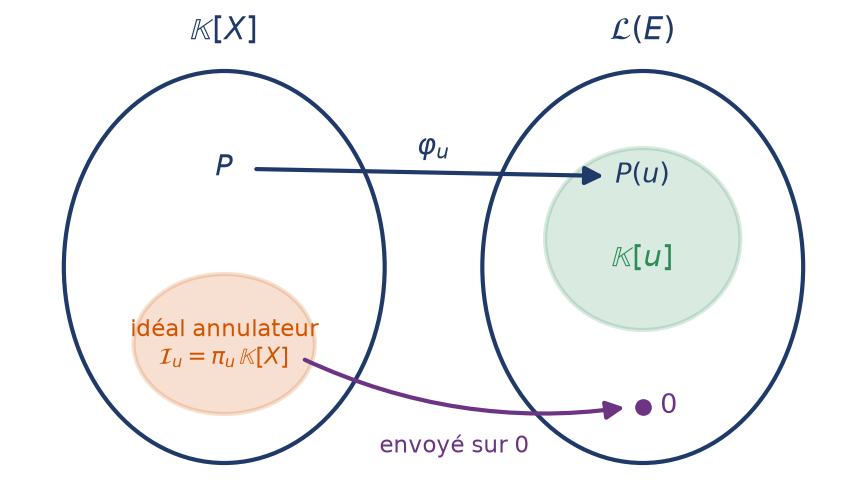 Schéma du morphisme d'évaluation des polynômes vers les endomorphismes, avec son noyau et son image