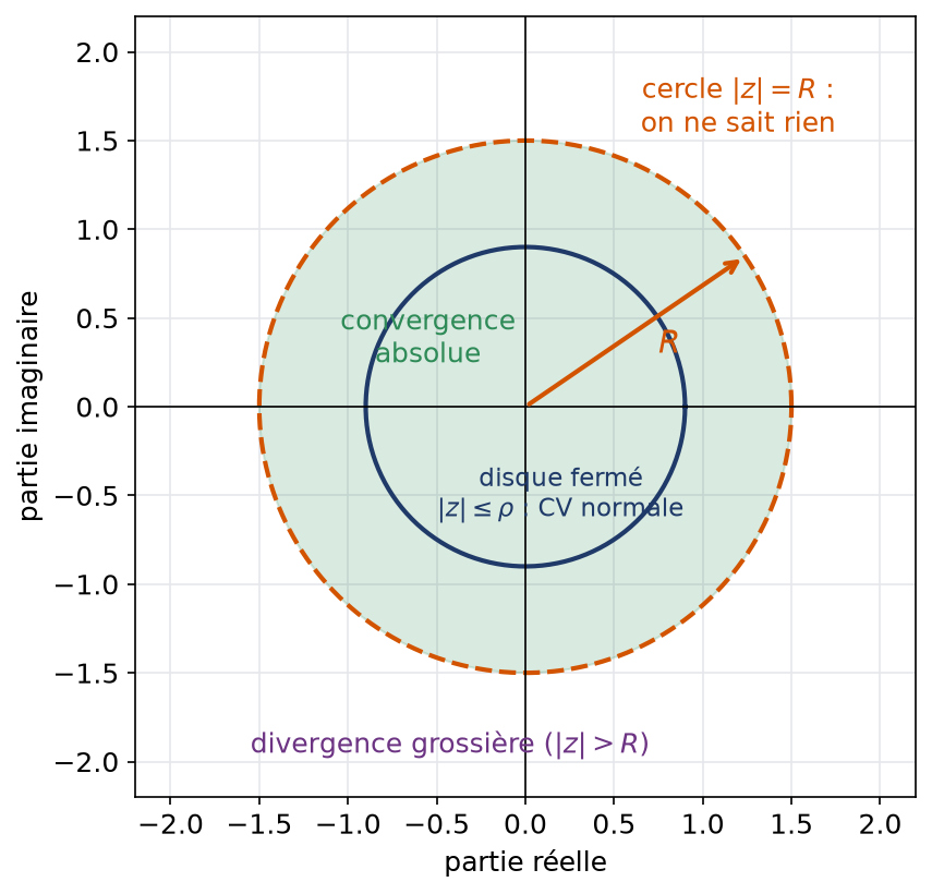 Disque ouvert de convergence de rayon R, cercle frontière incertain et zone extérieure de divergence grossière dans le plan complexe