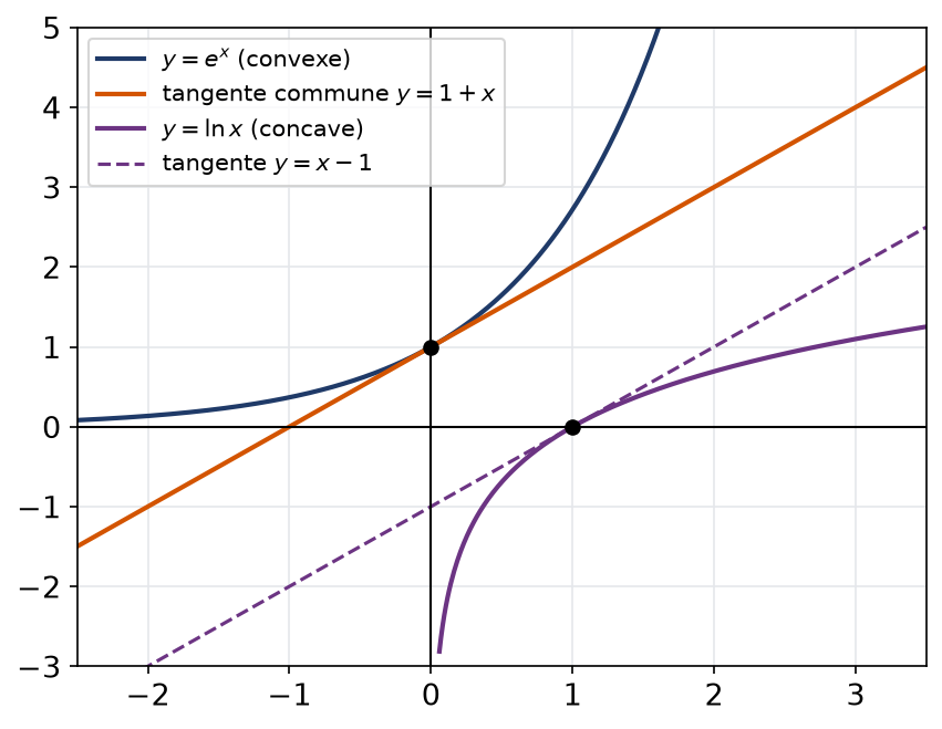 Exponentielle au-dessus de la droite y égale 1 plus x et logarithme sous la droite y égale x moins 1