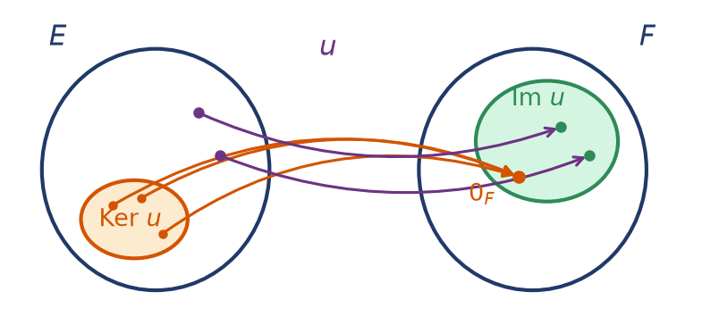 Schéma de deux ensembles E et F avec le noyau envoyé sur zéro et l'image dans F