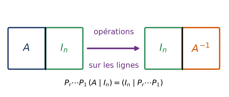 Tableau augmenté A et identité transformé par opérations sur les lignes en identité et inverse de A
