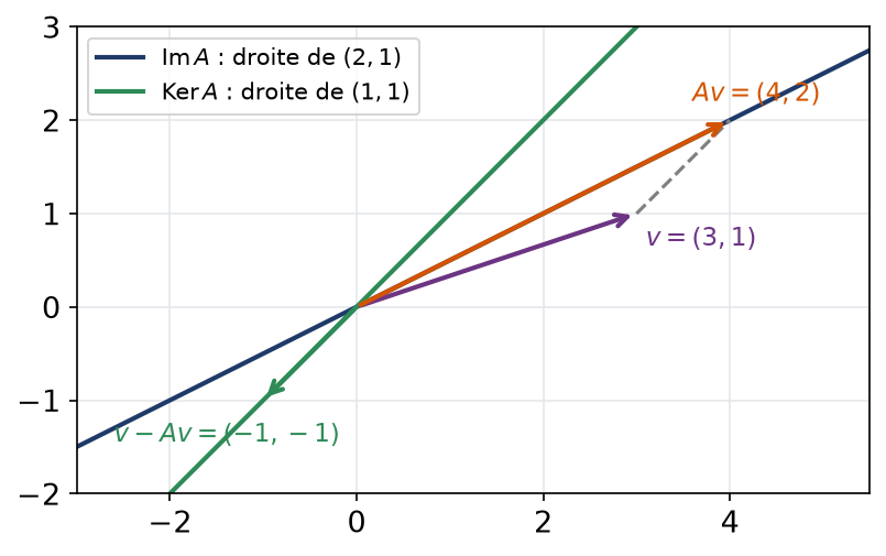 Décomposition du vecteur (3,1) en (4,2) sur l'image et (-1,-1) sur le noyau du projecteur