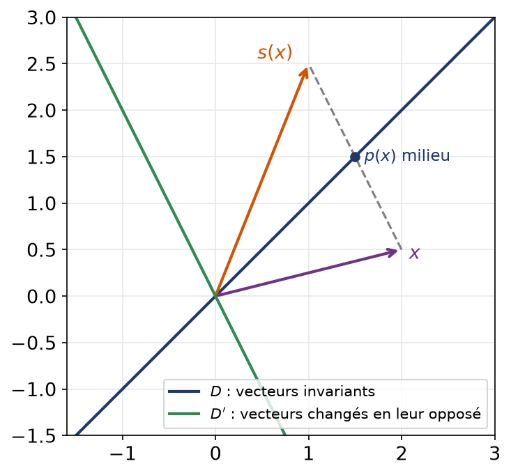 Symétrie oblique dans le plan : le projeté p(x) est le milieu du vecteur x et de son symétrique