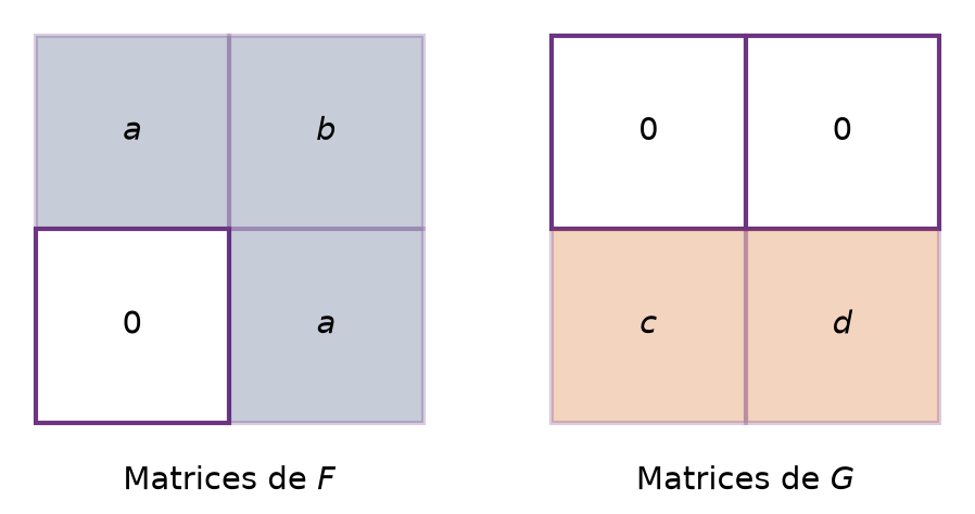 Schéma des positions des coefficients dans les matrices des deux sous-espaces F et G