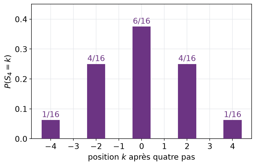 Diagramme en bâtons de la position du pion après quatre pas avec ses cinq valeurs paires